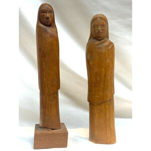 2 Hand Carved Wood Folk Figures Women 1 Signed